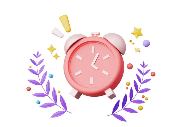 3D render, Minimal Alarm clock with colorful floating confetti isolated on white background, Management time and planning concept, reminder and notification. Wake up and sleep time.