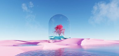 3D sürreal kumul manzara yalnız ağaç, baharat manzarasında soyut fantastik çöl kum tepesi, panoramik, fotokopi alanı, mavi gökyüzü ve bulutlu geleceksel manzara
