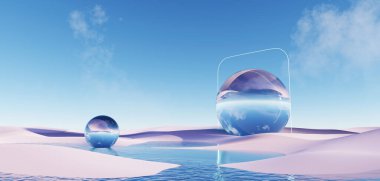 3d Render, Soyut sürrealite pastel manzara arkaplanı ürün, panoramik manzara, kopya alanı, mavi gökyüzü ve bulutlu renkli kumul sahnesi, minimal dekor tasarımı için podyum ve kemerler