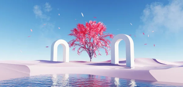 Render Surrealistisk Sanddyn Bakgrund Med Ensam Träd Abstrakt Fantastisk Öken — Stockfoto