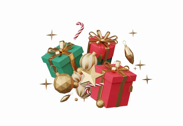 3Dレンダリング クリスマスの装飾の装飾 白い背景 ギフト用の箱 クリスマス ボール 金の菓子 キャンディー ケーンおよび黄金の星 挨拶カードのための設計を含むXmasのアイコン — ストック写真