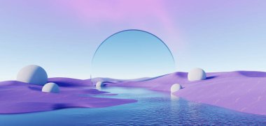 3d Render, Soyut sürrealite pastel manzara arkaplanı ürün, panoramik manzara, kopya alanı, mavi gökyüzü ve bulutlu renkli kumul sahnesi, minimal dekor tasarımı için podyum ve kemerler