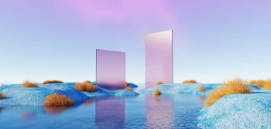 3d Render, Soyut sürrealite pastel manzara arkaplanı ürün, panoramik manzara, kopya alanı, mavi gökyüzü ve bulutlu renkli kumul sahnesi, minimal dekor tasarımı için podyum ve kemerler