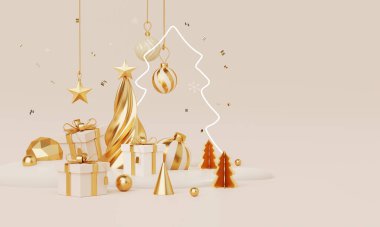 Yeni yıl temalı, podyum sahne platformu olan bir Noel arkaplanı. Ürün sergisi için Mutlu Noeller afişi. Xmas kış sahnesindeki boş stand süslemesi. 3 Boyutlu Hazırlama.