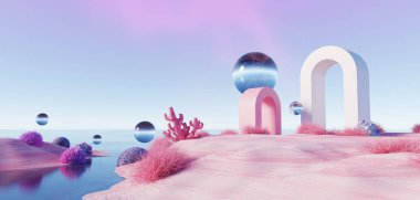 3d Render, Soyut sürrealite pastel manzara arkaplanı ürün, panoramik manzara, kopya alanı, mavi gökyüzü ve bulutlu renkli kumul sahnesi, minimal dekor tasarımı için podyum ve kemerler