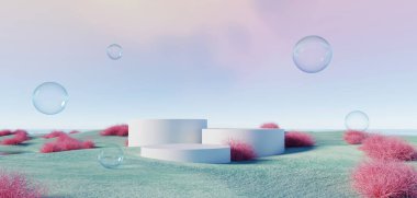 3d Render, Soyut sürrealite pastel manzara arkaplanı ürün, panoramik manzara, kopya alanı, mavi gökyüzü ve bulutlu renkli kumul sahnesi, minimal dekor tasarımı için podyum ve kemerler