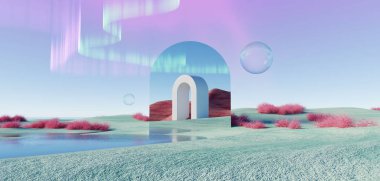 3d Render, Soyut sürrealite pastel manzara arkaplanı ürün, panoramik manzara, kopya alanı, mavi gökyüzü ve bulutlu renkli kumul sahnesi, minimal dekor tasarımı için podyum ve kemerler