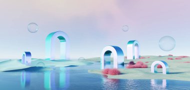 3d Render, Soyut sürrealite pastel manzara arkaplanı ürün, panoramik manzara, kopya alanı, mavi gökyüzü ve bulutlu renkli kumul sahnesi, minimal dekor tasarımı için podyum ve kemerler