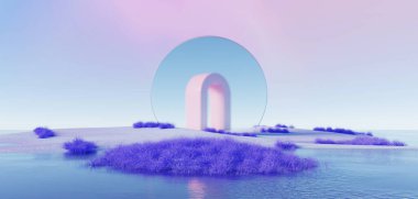 3d Render, Soyut sürrealite pastel manzara arkaplanı ürün, panoramik manzara, kopya alanı, mavi gökyüzü ve bulutlu renkli kumul sahnesi, minimal dekor tasarımı için podyum ve kemerler