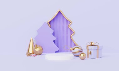 Yeni yıl temalı, podyum sahne platformu olan bir Noel arkaplanı. Ürün sergisi için Mutlu Noeller afişi. Xmas kış sahnesindeki boş stand süslemesi. 3 Boyutlu Hazırlama.