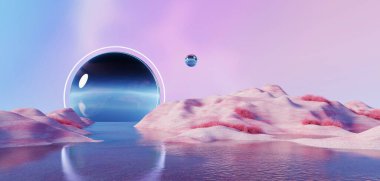 3d Render, Soyut sürrealite pastel manzara arkaplanı ürün, panoramik manzara, kopya alanı, mavi gökyüzü ve bulutlu renkli kumul sahnesi, minimal dekor tasarımı için podyum ve kemerler