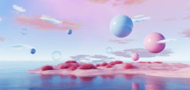 3d Render, Soyut sürrealite pastel manzara arkaplanı ürün, panoramik manzara, kopya alanı, mavi gökyüzü ve bulutlu renkli kumul sahnesi, minimal dekor tasarımı için podyum ve kemerler