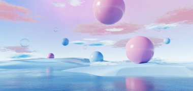 3d Render, Soyut sürrealite pastel manzara arkaplanı ürün, panoramik manzara, kopya alanı, mavi gökyüzü ve bulutlu renkli kumul sahnesi, minimal dekor tasarımı için podyum ve kemerler