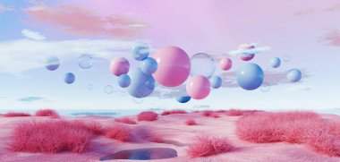 3d Render, Soyut sürrealite pastel manzara arkaplanı ürün, panoramik manzara, kopya alanı, mavi gökyüzü ve bulutlu renkli kumul sahnesi, minimal dekor tasarımı için podyum ve kemerler