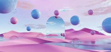3d Render, Soyut sürrealite pastel manzara arkaplanı ürün, panoramik manzara, kopya alanı, mavi gökyüzü ve bulutlu renkli kumul sahnesi, minimal dekor tasarımı için podyum ve kemerler