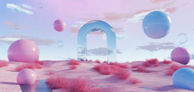 3d Render, Soyut sürrealite pastel manzara arkaplanı ürün, panoramik manzara, kopya alanı, mavi gökyüzü ve bulutlu renkli kumul sahnesi, minimal dekor tasarımı için podyum ve kemerler