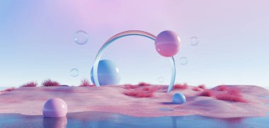 3d Render, Soyut sürrealite pastel manzara arkaplanı ürün, panoramik manzara, kopya alanı, mavi gökyüzü ve bulutlu renkli kumul sahnesi, minimal dekor tasarımı için podyum ve kemerler