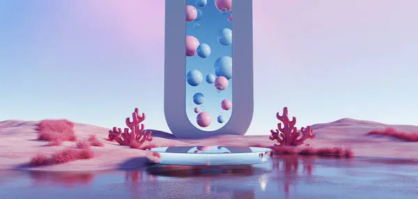 Render Abstract Surreal Pastel Landscape Background Arches Podium Showing Product Stock Picture