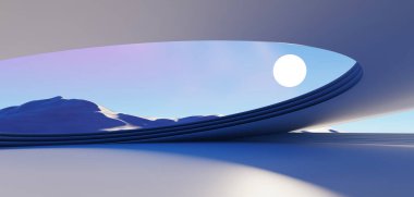 3d Render, soyut sürrealite pastel manzara mimari ve geometrik, güzel gradyan gökyüzü sahnesi, deniz tarağı suyu ile göl, minimal konsept.