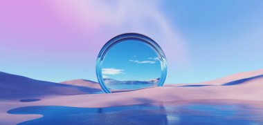 3d Render, soyut sürrealite pastel manzara mimari ve geometrik, güzel gradyan gökyüzü sahnesi, deniz tarağı suyu ile göl, minimal konsept.