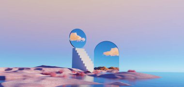 3d Render, soyut sürrealite pastel manzara mimari ve geometrik, güzel gradyan gökyüzü sahnesi, deniz tarağı suyu ile göl, minimal konsept.