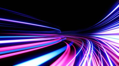 3D görüntüleme, ışık hızı veya yüksek hız warp izleri, hareket etkisi teknolojisi arka planı, soyut fütüristik neon ışığı.