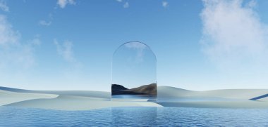 3d Render, soyut sürrealite pastel manzara mimari ve geometrik, güzel gradyan gökyüzü sahnesi, deniz tarağı suyu ile göl, minimal konsept.