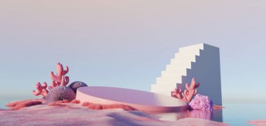 3d Render, soyut sürrealite pastel manzara mimari ve geometrik, güzel gradyan gökyüzü sahnesi, deniz tarağı suyu ile göl, minimal konsept.