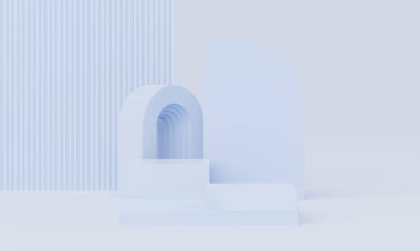 Ürün arka planı, kaidesel ekran kozmetik sahnesi için en az pastel renkli tasarım konseptine sahip podyum. 3 Boyutlu Hazırlama.