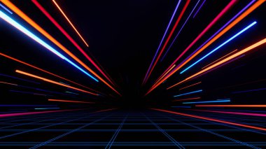 Fütüristik teknoloji neon ışığı arka planı, zemin üzerinde yansıma ışığı olan boş alan, internet veri ağı bağlantısı, soyut sanal gerçeklik, 3D görüntüleme.