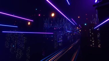 Fütüristik teknoloji neon ışığı arka planı, zemin üzerinde yansıma ışığı olan boş alan, internet veri ağı bağlantısı, soyut sanal gerçeklik, 3D görüntüleme.