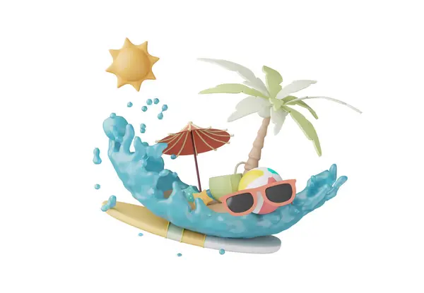 Summer elements 3d icon clipart island isolated on white background, Minimal Realistic objects for mock-up with summer theme, beach umbrella, sand, inflatable ring, vacation time to travel.