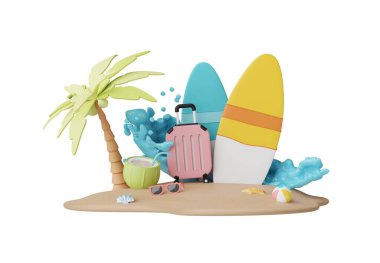 Yaz elementleri 3 boyutlu Clipart adası beyaz arka planda izole edilmiş, yaz temalı, plaj şemsiyeli, kumlu, şişme yüzüklü, seyahat etmek için izin verilen minimum gerçekçi nesneler..