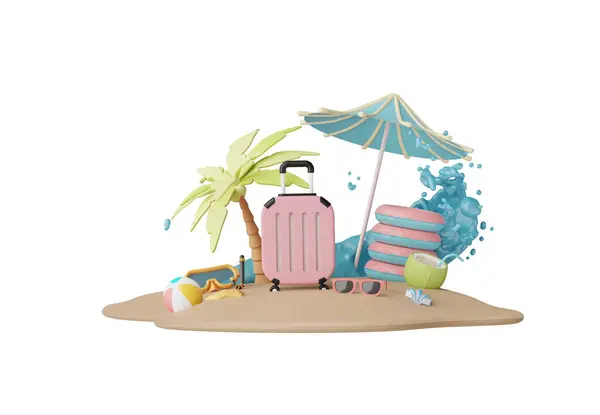 Summer elements 3d icon clipart island isolated on white background, Minimal Realistic objects for mock-up with summer theme, beach umbrella, sand, inflatable ring, vacation time to travel.