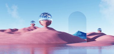 3d Render, soyut sürrealite pastel manzara mimari ve geometrik, güzel gradyan gökyüzü sahnesi, deniz tarağı suyu ile göl, minimal konsept.