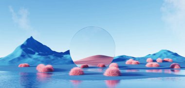 3d Render, soyut sürrealite pastel manzara mimari ve geometrik, güzel gradyan gökyüzü sahnesi, deniz tarağı suyu ile göl, minimal konsept.