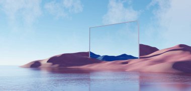 3d Render, soyut sürrealite pastel manzara mimari ve geometrik, güzel gradyan gökyüzü sahnesi, deniz tarağı suyu ile göl, minimal konsept.