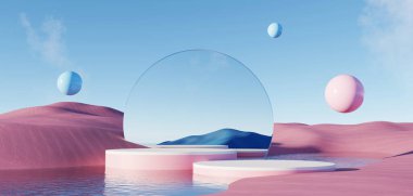 3d Render, soyut sürrealite pastel manzara mimari ve geometrik, güzel gradyan gökyüzü sahnesi, deniz tarağı suyu ile göl, minimal konsept.