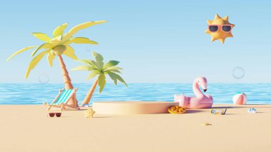 3D görüntüleme, en düşük yaz arkaplanı boş podyum veya kaide platformu, modelleme için kozmetik sahne, plaj yüzme unsurları dekorasyonu.