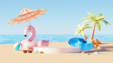 3D görüntüleme, en düşük yaz arkaplanı boş podyum veya kaide platformu, modelleme için kozmetik sahne, plaj yüzme unsurları dekorasyonu.