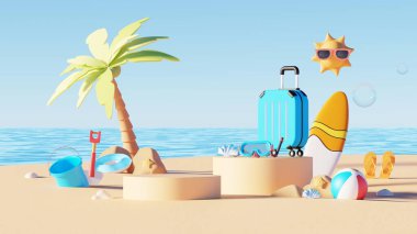 3D görüntüleme, en düşük yaz arkaplanı boş podyum veya kaide platformu, modelleme için kozmetik sahne, plaj yüzme unsurları dekorasyonu.