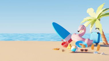 3D render, minimal seyahat yaz unsurları tatilde boş alan arka planı, makyaj sahnesi modelleme, plaj yüzme unsurları dekorasyonu, tatil konsepti.