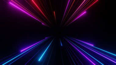 3D görüntüleme, soyut fütüristik hız teknolojisi koyu arkaplan üzerinde neon ışık izi, renkli parlayan ışık.
