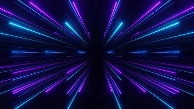 3d Render, koyu arkaplanda mavi mor ışık çizgisi, uzayda hiper hız eğrisi.