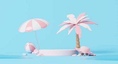 3D görüntüleme, mavi arka planda minimum yaz beyaz podyumu sevimli yaz elementi plaj şemsiyesi, top, ağaç ve güneş gözlüğü, seyahat tasarımı konsepti.