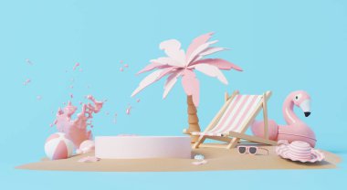 3D görüntüleme, en düşük yaz arkaplanı boş podyum veya kumsalda ürün göstermek için kaide platformu plaj topu, pembe flamingo şişirilebilir yüzük ve sandalye ile donatılmış..