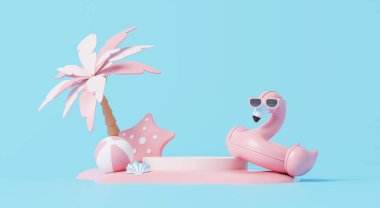 3D görüntüleme, yaz elementi pembe flamingo şişirilebilir halka, plaj topu, kumsalda hindistan cevizi ağacı ve mavi arka planda ürün göstermek için minimal podyum.