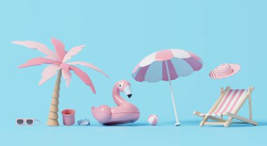 3D görüntüleme, minimum şirin yaz unsurları arasında şişirilebilir flamingo, plaj şemsiyesi, sandalye, güneş gözlüğü ve mavi arka planda ağaç, yaz mevsimi için dekoratif simge yer alıyor.