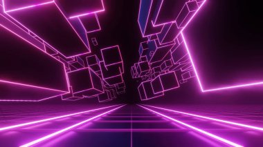 3D render, Neon pembe ışık izi ve soyut otoyol yaması ile yüzen küp, teknolojik dijital arkaplan kavramı.