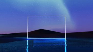 3D çizim, gerçeküstü manzara kare mavi ışık portalı su yüzeyinde, soyut fantezi kapısı güzel gece gökyüzü arka planında.